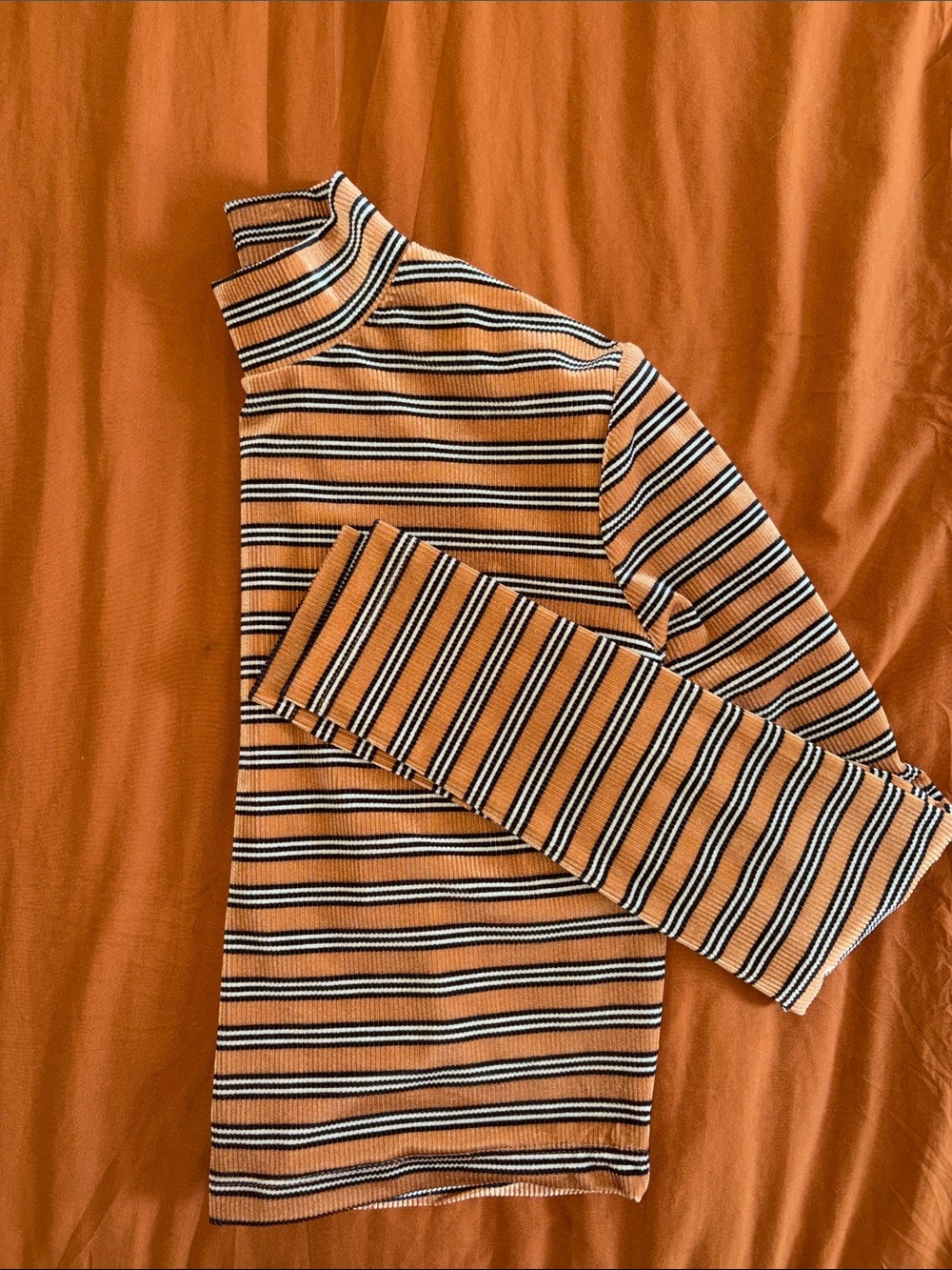 Striped Mock Neck Long Sleeve Top - Rust & Black